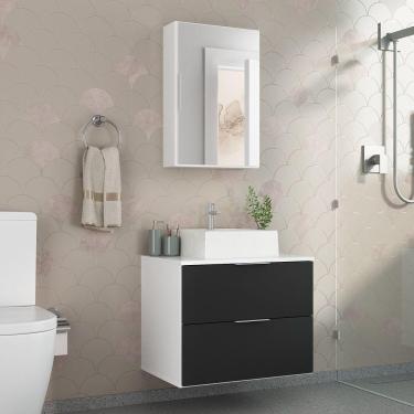 Imagem de Conjunto Gabinete Banheiro Rubi 60cm Gabinete + Cuba + Espelheira Branco Preto
