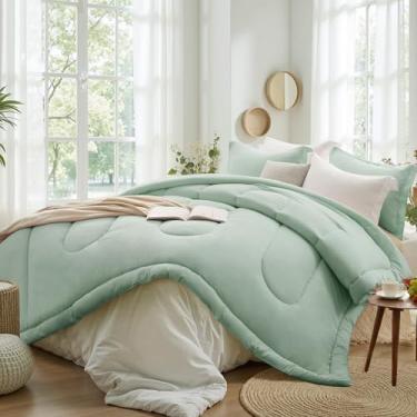 Imagem de SunStyle Home Conjunto de edredom Queen – 3 peças de edredom reversível, tamanho Queen, leve, com 1 edredom alternativo e 2 fronhas para todas as estações, verde sálvia