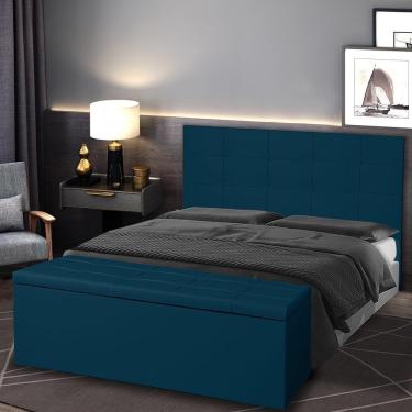 Imagem de Kit Cabeceira E Calçadeira Baú Casal 1,40m Roma Suede Azul Marinho Sky Mobile