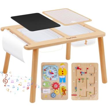 Imagem de JoyLike Mesa sensorial para crianças de 1 a 3 anos com 2 caixas de armazenamento grandes, 4 quadros de atividades Montessori e rolo de papel | Presente educacional e multifuncional para meninos e