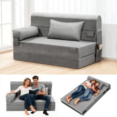 Imagem de laapee Sofá-cama dobrável - cadeira conversível com travesseiro e apoio de braço, tecido de linho moderno confortável para chão e futon, colchão dobrável para sala de estar/convidados/escritório em