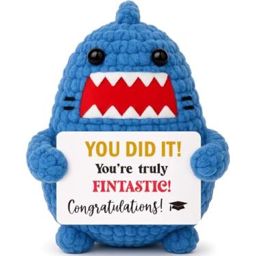 Imagem de Tubarão animal de crochê positivo feito à mão - presentes motivacionais para estudante, filha, filho, amigo, colega de trabalho - presente engraçado para promoção de Natal de formatura