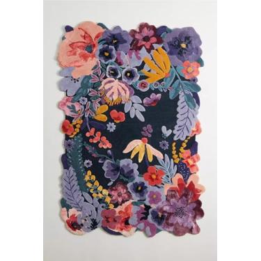 Imagem de Tapete de lã floral irregular feito à mão | Design vibrante de flores de jardim multicoloridas | Tapete macio, macio, durável e grosso para sala de estar, quarto, sala de jantar (azul-marinho, 9,5 x