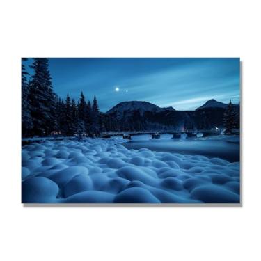 Imagem de Impressão em tela de paisagem de inverno moderna, (ponte sob o luar), decoração de parede de natureza minimalista para escritório e quarto, decoração de inverno aconchegante. Somente tela de 60 x 90