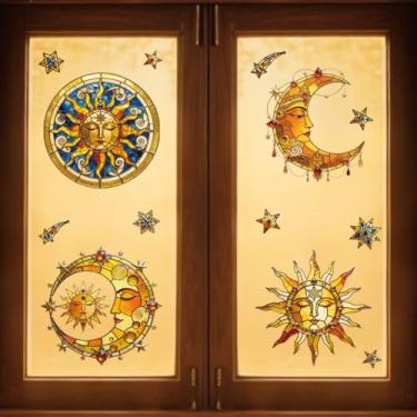 Imagem de Peacoblue Adesivo adesivo adesivo estático para janela, vitral, sol e lua, dupla face para janelas de carro de vidro grandes, 1 folha 120 x 30 cm à prova d'água removível para decoração de sala de