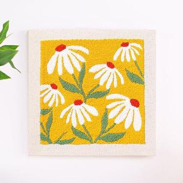 Imagem de Kit de agulhas de punção de bordado, kits iniciantes de bordado para crianças iniciantes, tecido de agulha de perfuração com padrão, passador, fios, argolas de bordado e furador de tapete (amarelo)