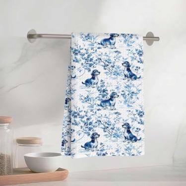 Imagem de Adoráveis toalhas de cozinha Dachshund 33 x 58 cm, toalha de prato decorativa de microfibra absorvente floral azul toalha de chá, toalhas de mão waffle para cozinha, casa, banheiro, presentes para