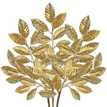 Imagem de DILATATA 3 peças de folhas de louro de Natal douradas com lantejoulas 50 cm folhas de louro artificiais com glitter para árvore de Natal, galhos metálicos, faça você mesmo, guirlanda de Natal, vaso
