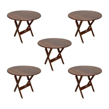 Imagem de Kit 5 Mesas Dobráveis De Madeira Redonda 90cm Imbuia Cor: Marrom
