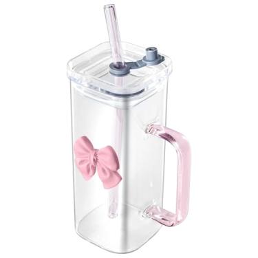 Imagem de LUMINFLY Copo de vidro com laço transparente com alça, tampa e canudo - Caneca de chá e café transparente elegante para casa, escritório ou café