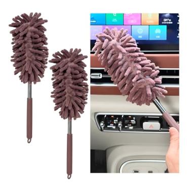 Imagem de NYTKL 2 peças espanador interior de carro com haste de extensão, 30 cm a 77,5 cm ferramenta de limpeza automática do painel, espanadores laváveis à mão de chenille macio para janela de carro móveis