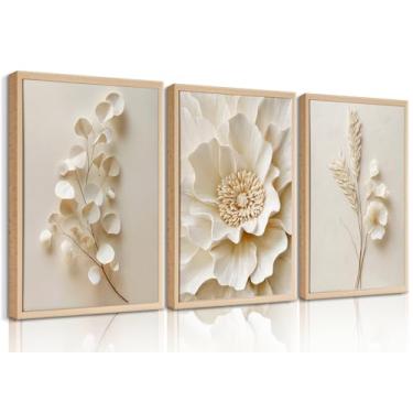 Imagem de 3 peças de arte de parede botânica bege neutra moderna minimalista floral decoração de parede branco neutro botânico impressões flores bege flores texturizadas pinturas vintage flores 40,6 x 61 cm sem