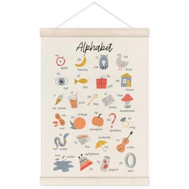 Imagem de TWRVI Cabide de pôster de quarto infantil alfabeto com moldura de madeira, decoração de parede de berçário do alfabeto ABC para sala de aula, pôsteres educacionais ABC para quarto de crianças, quarto