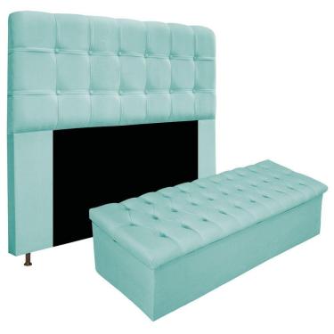 Imagem de Cabeceira e Calçadeira Baú Mel 160Cm Queen Size Azul Tiffany