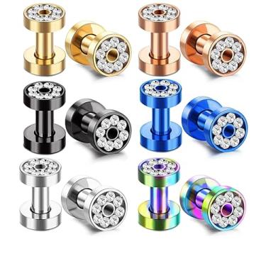 Imagem de 6 pares de brincos expansores de túnel de orelha de aço inoxidável com zircão 0G brincos de alargador de orelha 2G joias 14G-00G conjunto de medidores de orelha de ajuste de parafuso duplo alargado