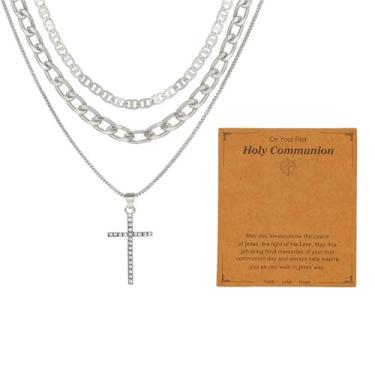 Imagem de Colar com pingente de cruz multicamadas para mulheres, corrente empilhável banhada a ouro 14K com pedras de zircônia cúbica, joias minimalistas, presentes para namorada, esposa, mãe, aniversários