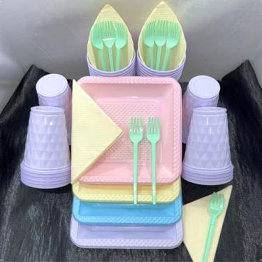 Imagem de Kit Festa Aniversário Itens Descartáveis Premium - Conjunto Copos, Pratos e Talheres em Cor Pastel para Aniversário, Casamento e Eventos(Sortidos Candy 02)