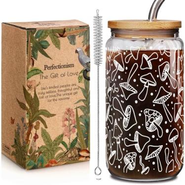 Imagem de Enanaimg Copos de café de vidro de 473 ml com tampas e canudos, presentes de Natal para amantes de cogumelos, mulheres, mãe, melhor amiga, esposa, mães engraçadas, presentes de aniversário para