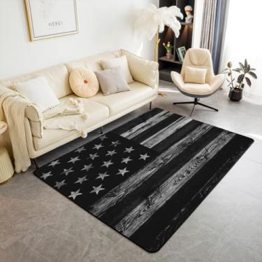 Imagem de Tapete de área com bandeira americana 1,5 x 1,80 m, tapete antiderrapante para decoração de tábuas de madeira cinza para adolescentes e adultos, tapete de piso interno estilo country patriótico para