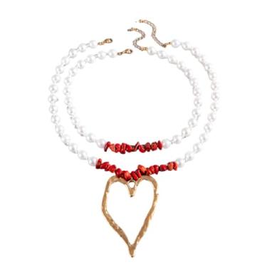 Imagem de Y2K Colar de coração grande com contas de pérolas de imitação longa, colar com pingente de coração de ouro grosso, joia moderna para mulheres, 16in, Zinco, Sem Pedra Preciosa