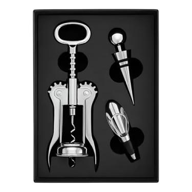 Imagem de Kit 3 Peças para Vinho em Aço Inox – Abridor, Dosador e Rolha Hermética | Conjunto Elegante para Presentear e Servir
