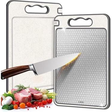 Imagem de Tábuas de Corte de Cozinha, Conjunto com 2 Peças, Material Plástico Durável, Superfície Texturizada e Lisa, Alça Ergonômica, Ideal para Carnes e Legumes