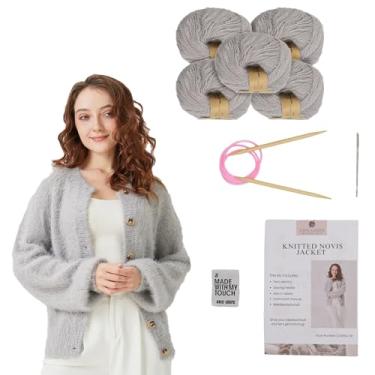 Imagem de Chic Loops Kit de tricô para iniciantes, suéter de tricô para adultos, cardigã de manga comprida com botão frontal de crochê para mulheres com instruções (cinza geleira, SA)