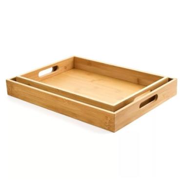 Imagem de Bandeja Retangular Bambu Kit com 2 40x28/38x24/33x22cm Alça Reta para Servir Café Chá Petisqueira (02 Alça Reta 40x28cm e 38x24cm)