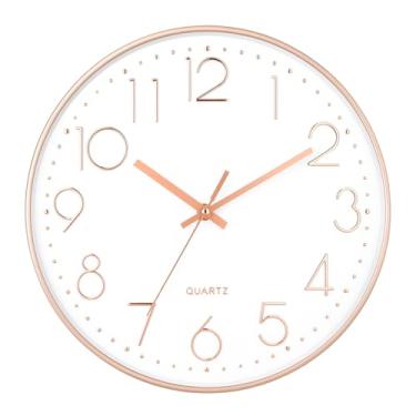 Imagem de Relógio De Parede Analógico Metálico 30x30cm Rose Gold E Branco Com Números Em Alto Relevo