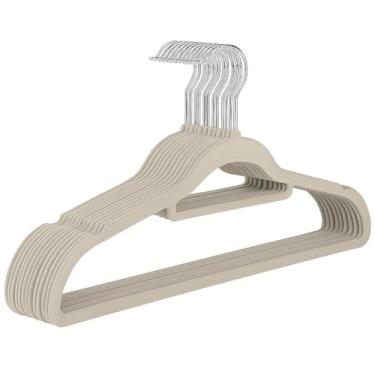 Imagem de Kit 10 Cabides Slim de Veludo, Bege, Antideslizante, Superfície Aveludada, para Roupas e Vestuário