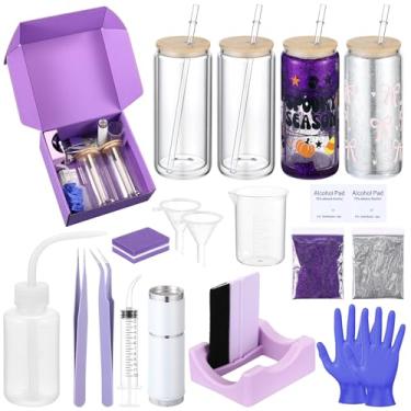 Imagem de Baderke 20 peças de copo de globo de neve, kit faça você mesmo, garrafa de apertar de 473 ml, purpurina, pinça de funil, copo de silicone, suporte para copo medidor, luva para iniciantes (roxo