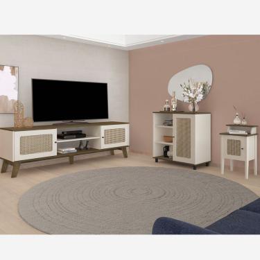 Imagem de Conjunto Sala Rack P/ Tv Até 75", Buffet Aparador 1 Porta, Mesa De Apoio Charlotte Pinho/off White - Artely