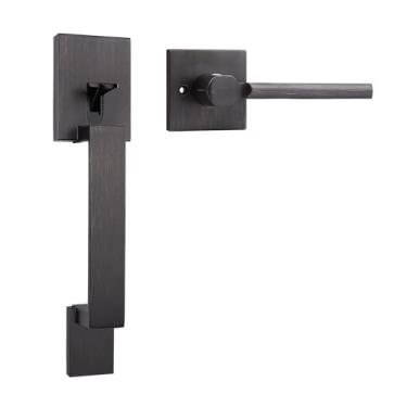 Imagem de Probrico Maçaneta de porta frontal resistente, bronze polido a óleo, maçaneta de porta de passagem externa quadrada moderna, maçaneta interna reversível para destros ou canhotos