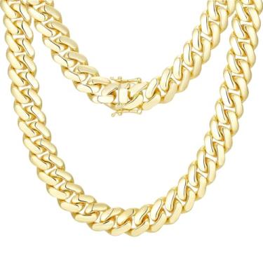 Imagem de Ucciyo Corrente de elos cubanos para homens, banhado a ouro 18 quilates, corrente de prata maciça/ouro, colar masculino 10 mm/12 mm/14 mm/16 mm de espessura, colar de corrente cubana Miami sem manchas