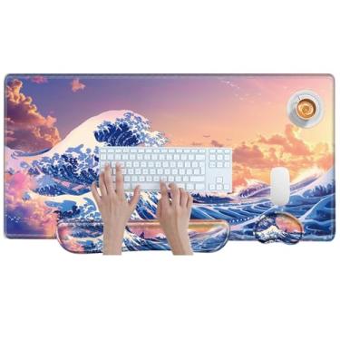 Imagem de Mouse pad para jogos com suporte de pulso, tapete de mesa japonês onda do mar grande mousepad e apoio de pulso Keyborad 80 cm x 40 cm tapete de computador XXL tapete de mouse para trabalho de