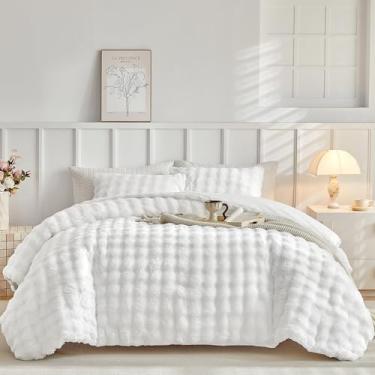 Imagem de Tokokimo Conjunto de edredom queen de lã fofa, reversível, ultramacio, de lã pesada, extra quente, para inverno, com 2 fronhas, para todas as estações, branco