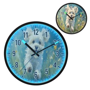 Imagem de Blueangle Relógio de parede com luz noturna LED que brilha no escuro e ativado por voz, silencioso, design fofo de cachorrinho de corrida de 30 cm, operado por bateria para decoração de quarto e sala