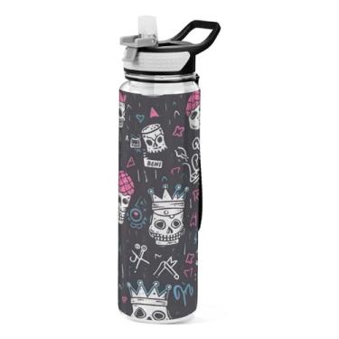 Imagem de ATTX Garrafa de água colorida com estampa de caveira, 947 ml, à prova de vazamento e livre de BPA, garrafas de água reutilizáveis de plástico Tritan para viagens, academia, corrida (490)