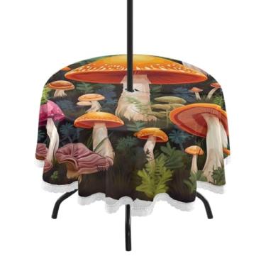 Imagem de ATTX Toalha de mesa redonda Watercolors Cogumelos para uso ao ar livre – 152 cm, impermeável, à prova de derramamento, uso interno/externo, com orifício para guarda-chuva com zíper para acampamento
