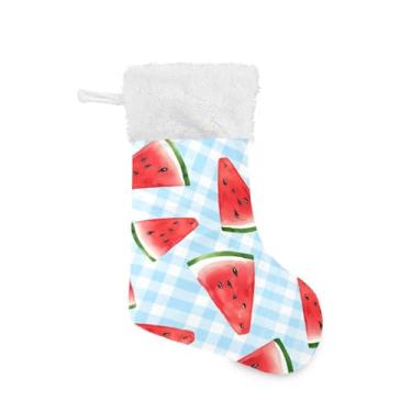 Imagem de GakkiGii Meia grande de Natal com estampa xadrez de melancia, decoração de Natal suspensa para parede de árvore de lareira, 45 x 31 cm