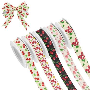 Imagem de SEHANY 5 rolos de fita de Natal 0,59 polegadas 5 jardas fitas de tecido cereja vermelha fitas de cetim festival fitas decorativas de Natal para embrulho de presente faça você mesmo artesanato grinalda