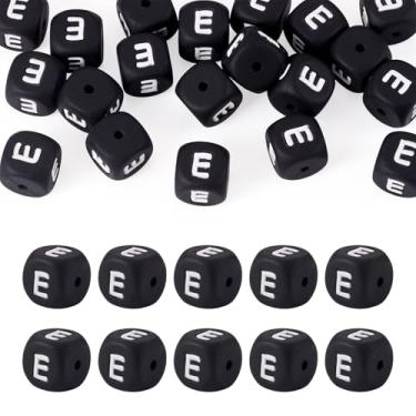 Imagem de 20 peças de contas de silicone preto vogal letra E 12 x 12 mm alfabeto quadrado contas espaçadoras de borracha para pulseira da amizade, chaveiros, cordões, canetas, artesanato faça você mesmo joias