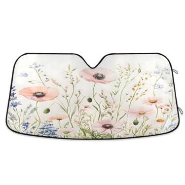 Imagem de ATTX Guarda-sol floral de ervas e flores silvestres para para-brisas de carro 139.7 cm x 70.1 cm Protetor solar universal com proteção UV, persiana de janela frontal automática dobrável para sedãs