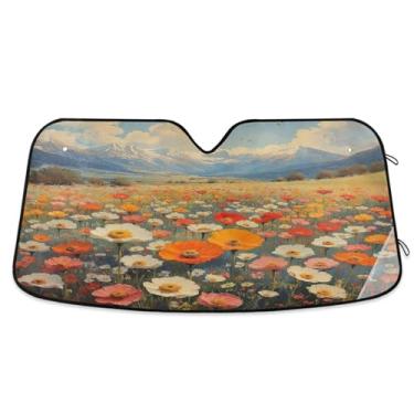 Imagem de ATTX Pintura a óleo vintage flores silvestres pára-brisas carro 144.8 cm x 80.0 cm escudo solar universal com proteção UV, persiana de janela frontal automática dobrável para Sedans SUVs caminhões
