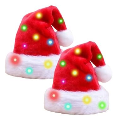 Imagem de Chapéus de Papai Noel Iluminados para Adultos 2 Pacotes com 20 Luzes LED Mudança Cor - Festivos Divertidos Festas Feriado e Reuniões Familiares Design Veludo Vermelho Pelúcia Branca