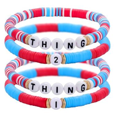 Imagem de Kvekstio Pacote com 4 pulseiras Thing 1 Thing 2 pulseiras, vermelho, azul, branco, contas da amizade, para irmãs, casais, amigas, pulseiras elásticas combinando, presente para aniversário, Natal