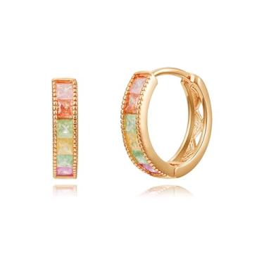 Imagem de WSKFLY Brincos De Argola Coloridos Com Cristais Zircônia E Diamantes, Banhados A Ouro 14K, Modernos Hipoalergênicos, Pequenos, Para Aniversário (Argola Dourada Arco-Íris)
