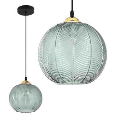 Imagem de Luminária pendente única de vidro verde, luminária pendente grande em formato de globo, lustre nórdico canelado para teto, luminária vintage para sala de jantar ou ilha de cozinha.