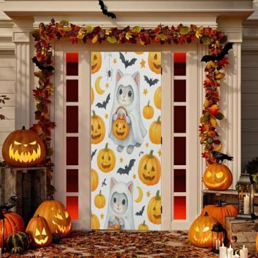 Imagem de Wassud Decoração de capa de porta de gato Halloween faixa interna externa decoração de casa de varanda grande decoração de porta da frente 96 x 98 polegadas