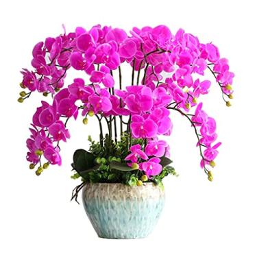 Imagem de LMJYU Flores artificiais orquídeas artificiais de seda vermelha planta Phalaenopsis flores falsas flores com vaso mesa centros de mesa para decoração de casa flores falsas interiores